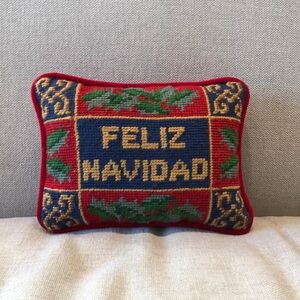 Vintage Red and Blue Petite "Feiz Navidad" Tapestry Decorative Pillow.